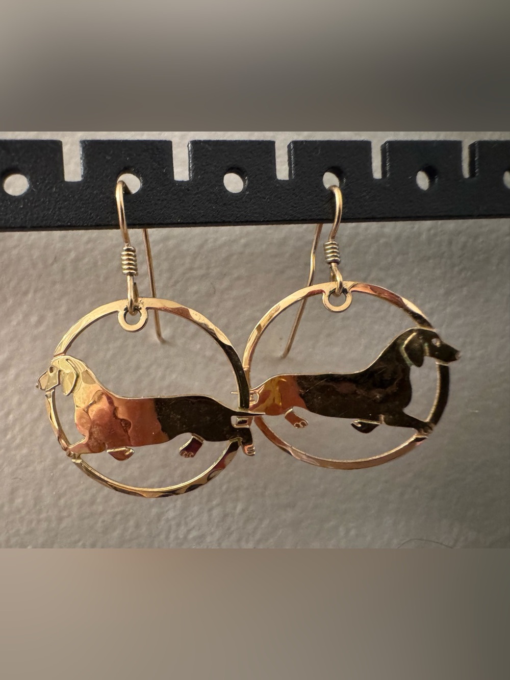 Vintage TJI Dachshund Dangle Hoop Earrings Gold Tone Hammered Wiener Dog